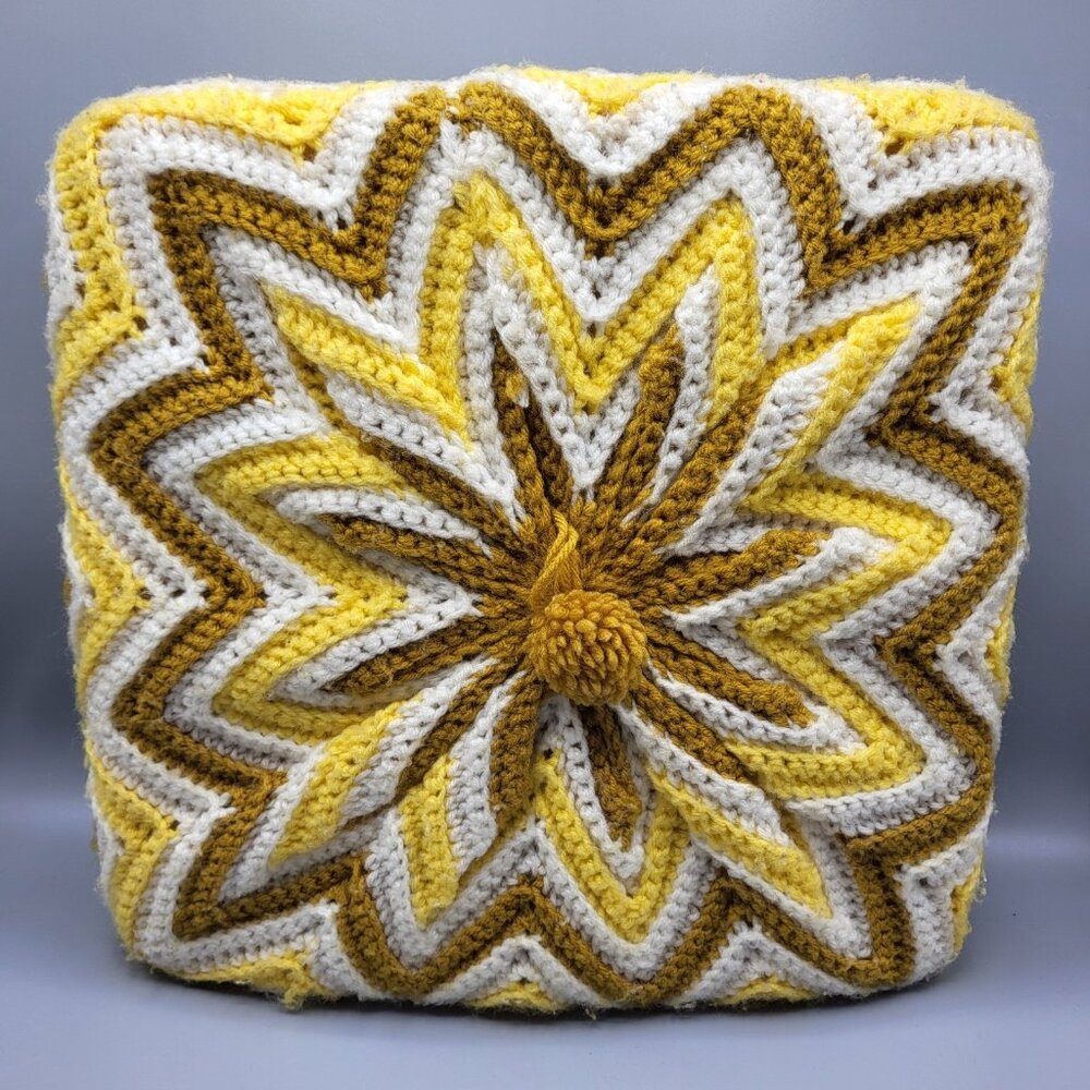 Vtg Crochet Square Granny Throw Pillow Yellow White Yarn Ruffled Handmade